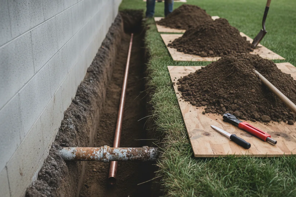 Excavated water line trench during Water Softener Installation in Alsip